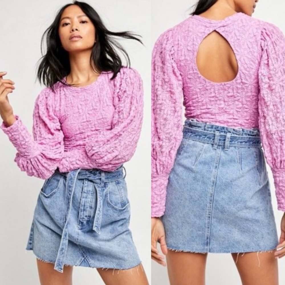 Free People Tea Time Long Puff Sleeve Top Pink